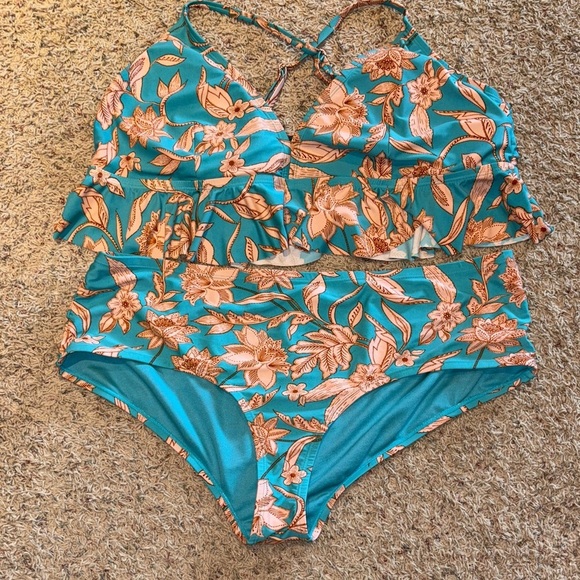 Time and Tru Other - Floral Teal and Orange Tankini Swimsuit - Plus Size 2X (20W-22W)